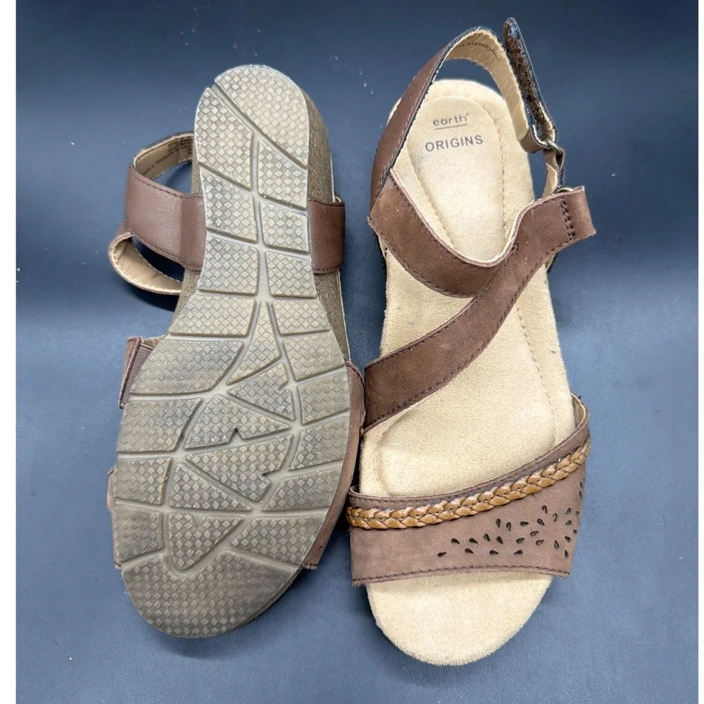 Earth Origins Kendra Karla Bark Brown Leather Wedge Sandals Womens 8.5M 2019S